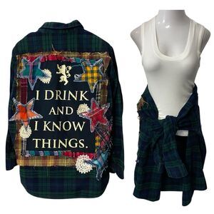 Upcycled Flannel Shirt Shacket Womens 1X Grunge Patchwork Folk Art Drink Camp